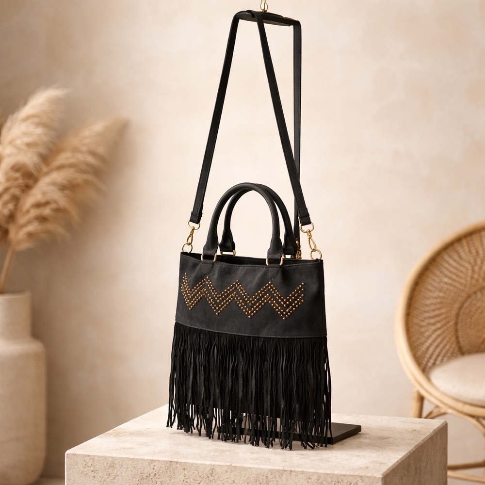 BOHO WESTERN FRINGED SUEDE LEATHER STUDDED CROSSBODY BAG NEW W/TAG
